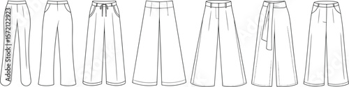 Women's wide leg pants flat sketch, front view fashion illustration, trouser design template, technical clothing drawing, stylish bottomwear vector