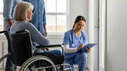 Nurse Providing Medical Assessment to Elderly Patient in Wheelchair at Home Environment