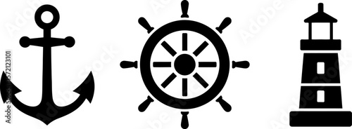 Nautical symbols anchor ship wheel and lighthouse vector icons for maritime design and decoration use