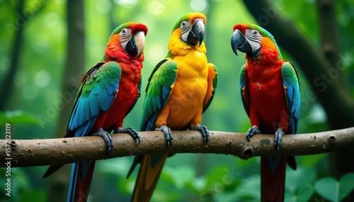 Three parrots on thick branch, rainforest backdrop, wildlife, avian