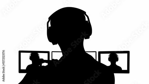 Silhouette of gamer with headphones and microphone in front of multiple computer screens showing gamers