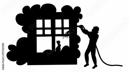 Silhouette of firefighter putting out fire in a building with a cat looking out the window at the scene
