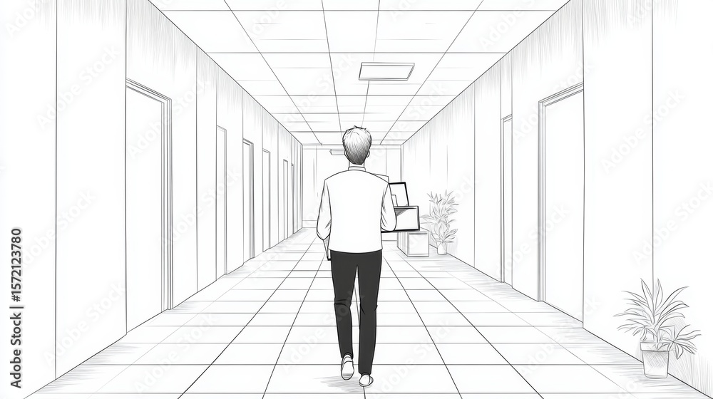 Fototapeta premium Businessman in modern office corridor, laptop and documents in hand, line art design for coloring enthusiasts