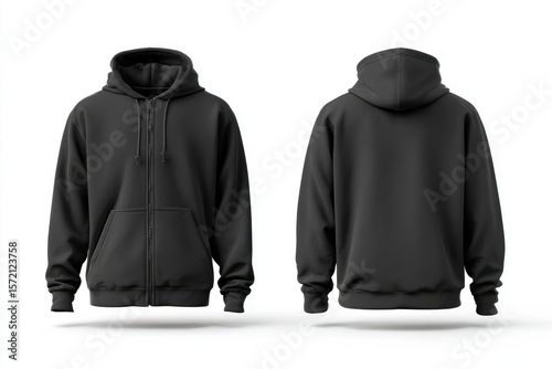Front and back view of a dark gray hoodie