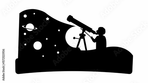 Silhouette of a person looking through a telescope at planets and stars in the night sky illustration