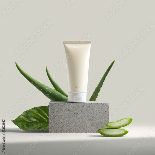 Cream tube atop gray block, aloe vera leaves and slices