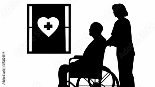 Silhouette of nurse assisting elderly man in wheelchair with heart symbol in background design is nice