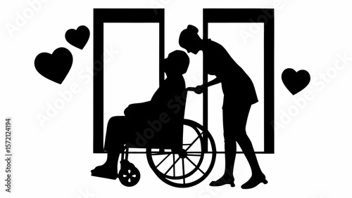 Silhouette of nurse pushing patient in wheelchair with hearts against window frame background design