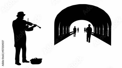Silhouette of a violinist with a hat and a tunnel with people walking through it in black and white art