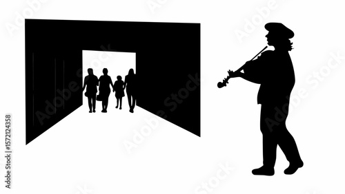Silhouette of a violinist playing music next to a dark doorway with people walking through it outside
