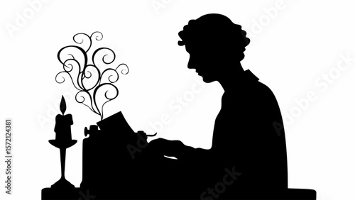 Silhouette of a writer at a typewriter with a candle and decorative smoke design on a white background
