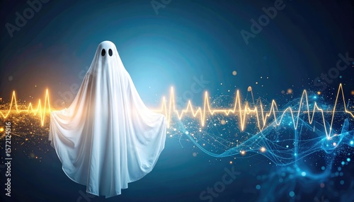 ghost energy visual. A ghost figure stands against a vibrant blue background, surrounded by glowing wave patterns, evoking a mix of intrigue and mystique.