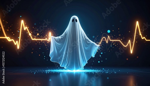 ghost energy visual. A ghostly figure surrounded by glowing waveforms, symbolizing life and energy, creates a mystical and vibrant atmosphere.