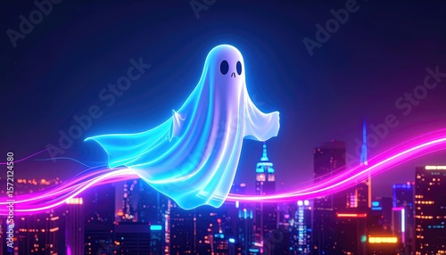 ghost energy visual. A whimsical ghost figure glows against a vibrant city skyline at night, illuminated by neon lights and a colorful aura.