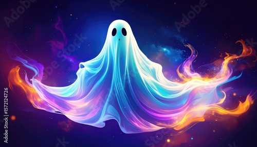 ghost energy visual. A whimsical, colorful ghost floats in a cosmic backdrop, surrounded by vibrant swirls of light and sparkles.