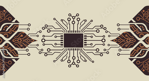 Abstract circuit board design featuring a central processor flanked by ornate, leaf-like patterns.
