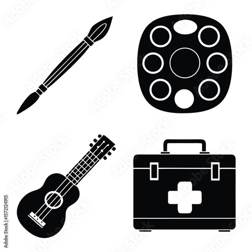 Black art supplies ukulele and medical kit brush paint
