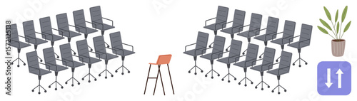 Single red chair stands out between sets of uniform gray office chairs. Potted plant adds a natural touch. Ideal for diversity, individuality, uniqueness, leadership, innovation, choice, comparison