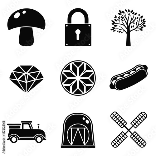 Black icons mushroom lock tree diamond snowflake hotdog truck siren windmills white