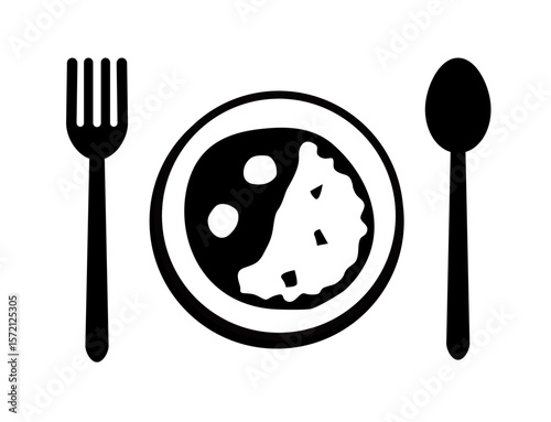 Meal icon 16A : Curry, rice, fork, plate, food, knife, spoon, restaurant, cutlery, dinner, dish, icon, kitchen, 