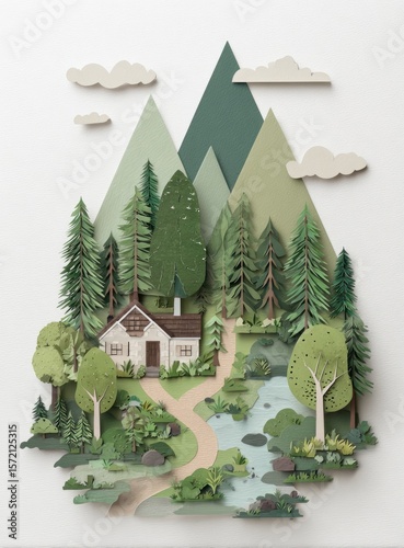 Papercraft mountain scene with cozy cottage