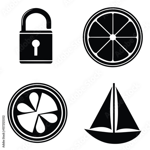Black lock citrus slice sailboat icons security fruit