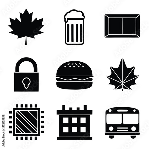 Black maple leaf beer mug lock hamburger chip processor calendar bus vector