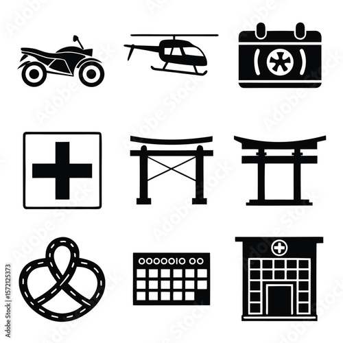 Black motorcycle helicopter calendar medical cross japanese gate pretzel keyboard hospital