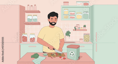 A man prepares food in a kitchen, chopping vegetables with a knife.