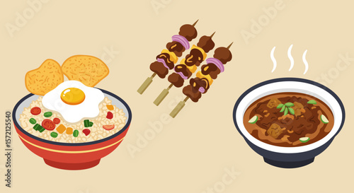Illustration of three Asian dishes: fried rice with egg and crackers, satay skewers, and a bowl of stew, presented on a light brown background.