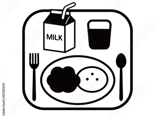 Meal icon 03A :  lunch, meal, tableware, drawing, baby, art, bag, knife, plate, fork, spoon, milk, chef, menu, eat