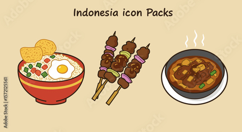 Illustration of Indonesian dishes: rice bowl with egg, satay skewers, and a bowl of curry.