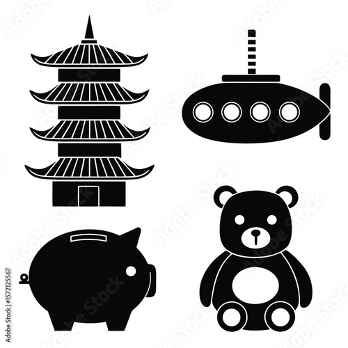Black silhouette icons of a pagoda submarine piggy bank and teddy bear vector