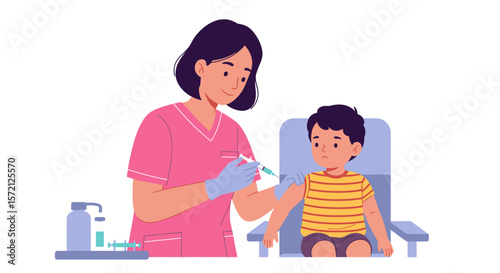 A nurse giving a vaccine injection to a young child in a clinic.