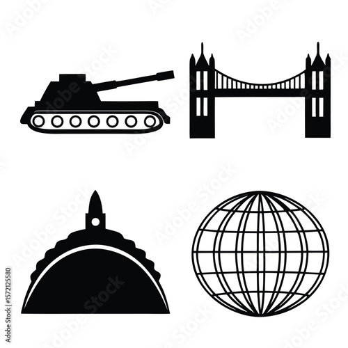 Black silhouette icons of military vehicle bridge building globe and monument tank