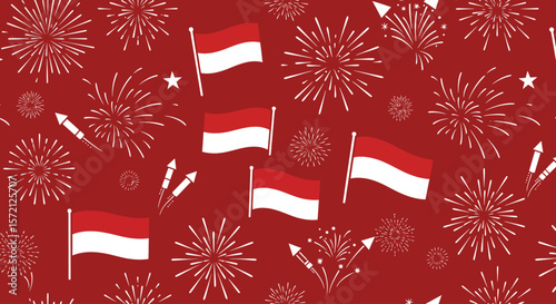 Festive red background with Indonesian flags, fireworks, and celebratory rockets.