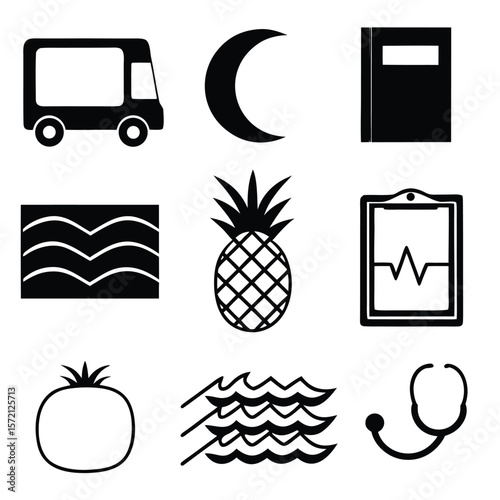 Black silhouette icons transportation food medical nature elements moon