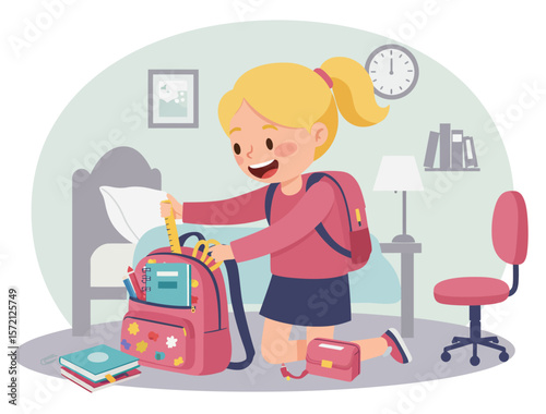 A blond girl packing her pink backpack with school supplies in her bedroom.