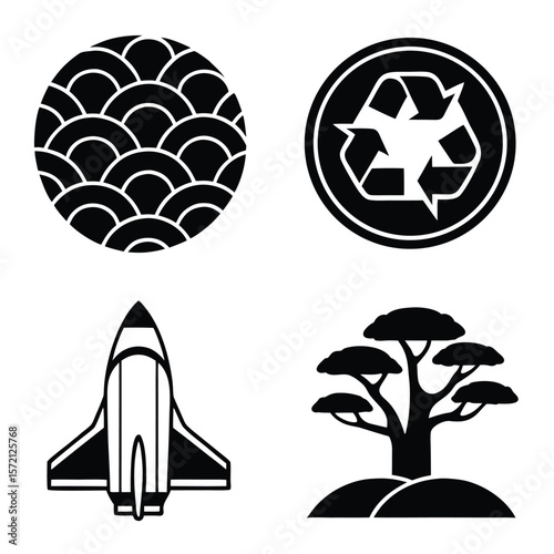 Black silhouette icons wave recycle symbol spaceship and tree pattern