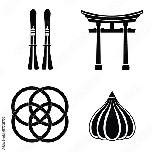 Black silhouette skis torii gate interlocking circles onion dome poles