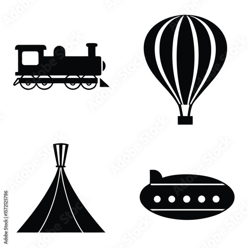Black silhouette train hot air balloon tent zeppelin locomotive