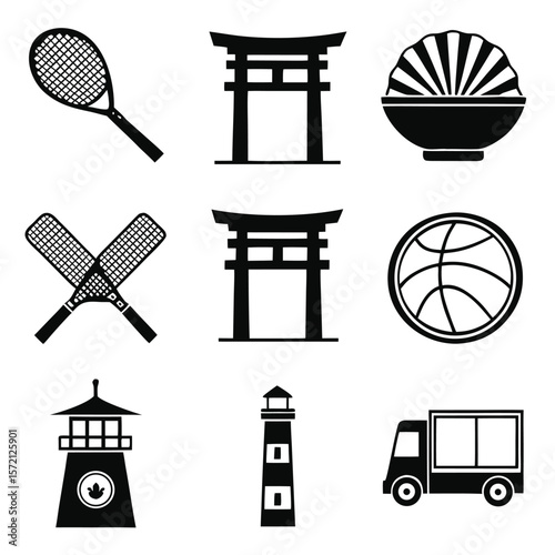 Black silhouettes of sports equipment Japanese gates food bowl basketball lighthouse truck
