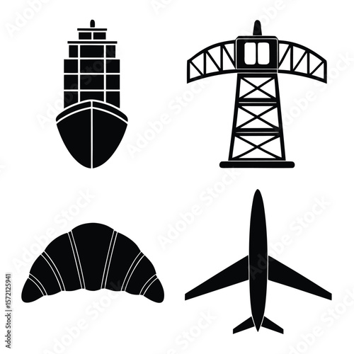 Cargo ship crane croissant airplane silhouettes vector