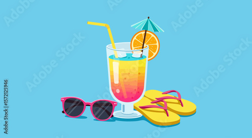 Refreshing summer cocktail garnished with orange and umbrella, accompanied by sunglasses and flip-flops.