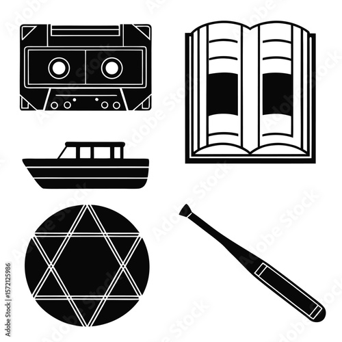 Cassette tape open book boat star symbol baseball bat audio music