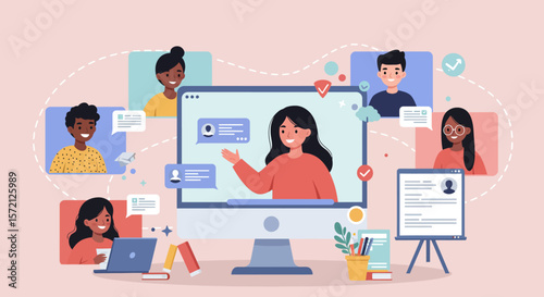 Illustration showing a video conference call with diverse participants and a presentation.