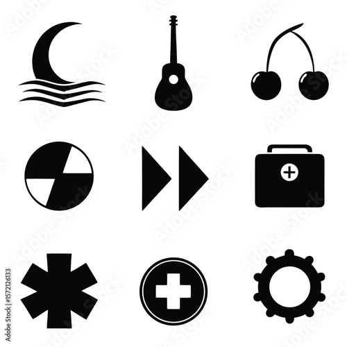Crescent moon guitar cherries play button first aid star gear waves