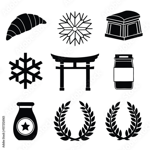 Croissant snowflake torii gate jar laurel wreaths black vector
