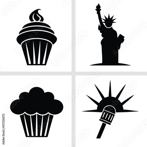 Cupcake Statue Liberty Microphone Sunrise Icons vector