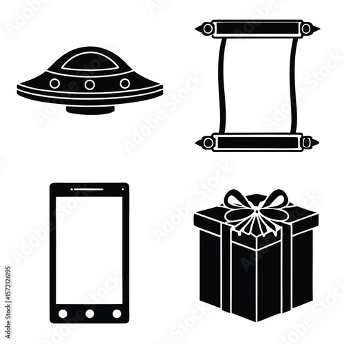 Flying saucer scroll smartphone gift box icons vector
